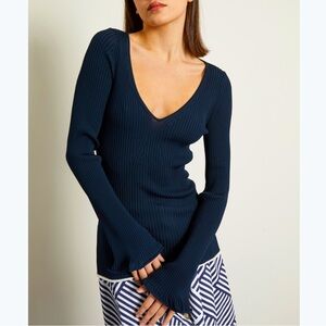 INTERMIX Penny Ribbed Bell Sleeve Knit Top in Navy Blue Size S